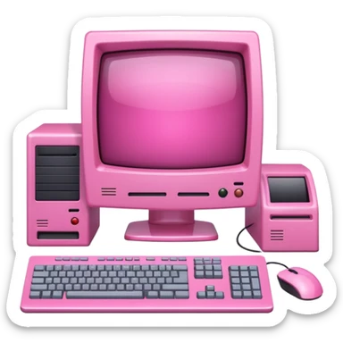 shiny pink translucent 90s computer with CRT monitor, keyboard, PC tower, mouse sticker