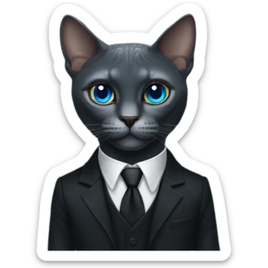 reptilian sphinx dark grey cat with blue eyes wearing black suit, portrait sticker
