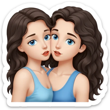 A girl with long, dark brown, wavy hair, grey-blue eyes, and a light blue tank top giv a kiss  sticker