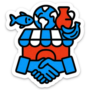 A vibrant icon of a marketplace with various international goods and a partnership symbol, using only colors #1E90FF, #F13816, and #FFFFFF sticker