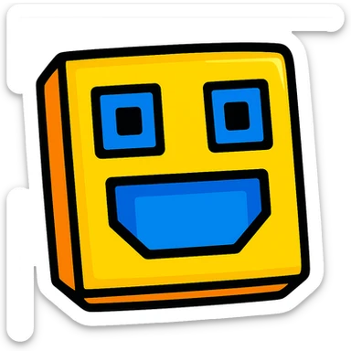 Geometry Dash inspired emoji, yellow cube with blue eyes and mouth, vibrant cartoon style sticker