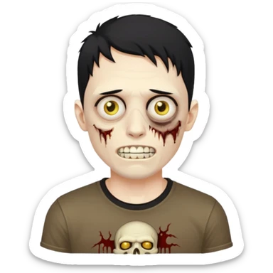 I want you to give me a zombie man who has golden teeth, yellow eyes, eyebrows and black hair, the hair I want to be a modcut cut and is wearing a brown affliction T-shirt and thin circular lenses sticker
