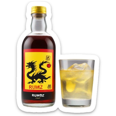 clear bottle with clear alcohol with yellow dragon on a black and red label that says “RUMPZ” alcohol sticker