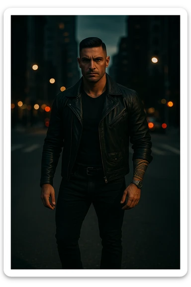 A confident, strong man standing in the middle of a city street at dusk, wearing a black leather jacket and boots, sharp jawline, intense gaze. Radiating masculine energy. Cinematic lighting, moody urban background, dramatic shadows, shallow depth of field. 35mm film style sticker