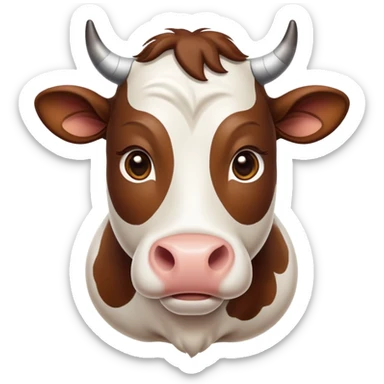 cinematic-noble-brown-and-white-cow-portrait-emoji,-poised-and-regal,-with-a-large,-sturdy-build-and-a-beautifully-patterned-hide-of-rich-brown-accented-by-crisp-white-patches,-deep-set-soulful-brown-eyes,-simplified-yet-sharp-and-sophisticated sticker