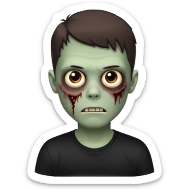 zombie white boy with dark brown edgar haircut and brown eyes (his skin is clear and white but with zombie scars) in black tee  sticker