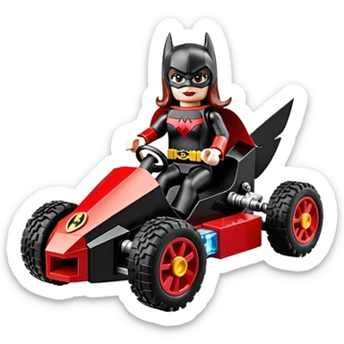 Hot full size real size-appearance electric road racing sexy BatWoman’s feminine midnight-colored tight outfit sixty’s tv show Lego dark stealthy sporty safe plush deluxe off-road pursuit cruiser car rose gold accents (black hair,reclined and relaxed torso and shoulders seating position) go kart  sticker