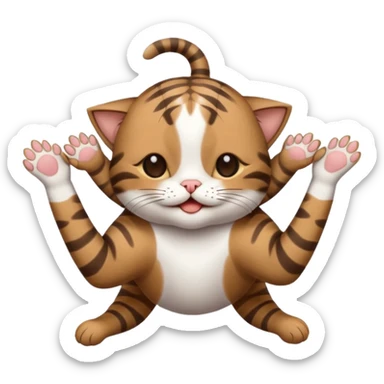 dark brown tabby and white small cat in funny positions upside down with paws covering eyes sticker