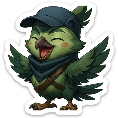Make the anime style green bird inspired by Valorant agent Falko with a happy expression, more detailed, with no background. Preserve the anime style and green bird characteristics. sticker