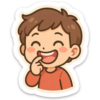 cartoon person with a big smile, biting their nail, fun and lighthearted sticker