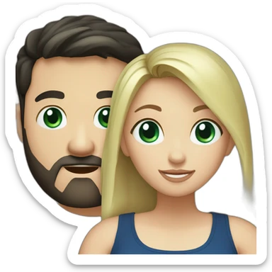 A blond chubby girl with blue eyes and black haired and bearded man with green eyes. The man wears a black t-shirt. The woman is wearing a black skirt and a blue shirt sticker