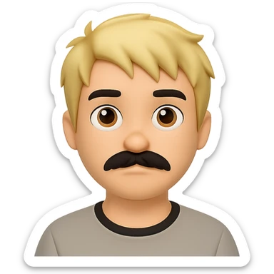 Make the mustache smaller, keep short messy blond hair, emoji style, preserve transparent background. The style should resemble apple style emojis with concise prompt focus. sticker