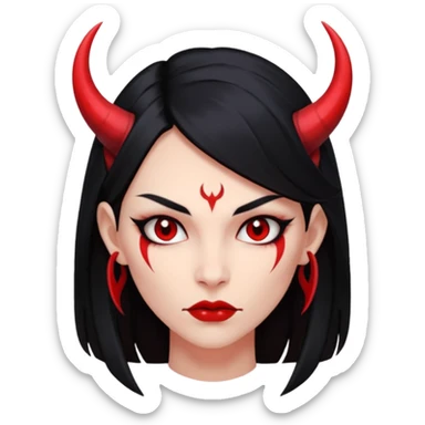 Head only demon girl, strong pronounced cheekbones, sharp angular jawline, skin fully pure red everywhere, long straight sleek black hair, small ho sticker