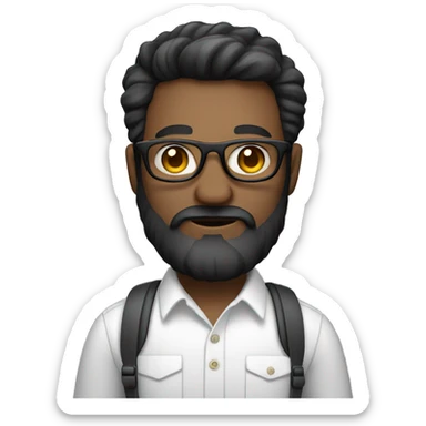 Emoji man with beard holding macbook in hands wearing glasses and shirt, profession - graphic designer. Features: white skin, full body type, dark hair, earring in left ear, dark skin sticker