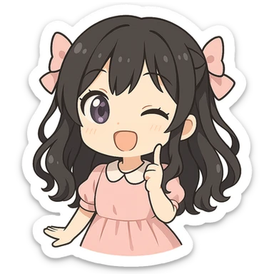 Change hair color to black, keep anime girl with purple eyes, chibi style, playful expressions, pastel colors, no background. sticker