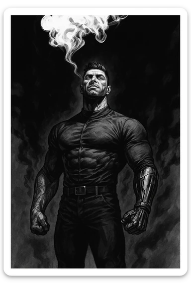Black and white comic book panel of an extremely muscular Italian man with cybernetic implants standing in the dark, surrounded by smoke. He is wearing a long-sleeved shirt with a high collar, and his chest is sculpted. sticker