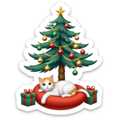 grau weiße Katze im geschmückten Weihnachtsbaum mit Lametta um sich rum und unten liegen ein paar Weihnachtskugeln sticker
