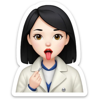 The girl with black hair in a white coat has to lick her lips sticker