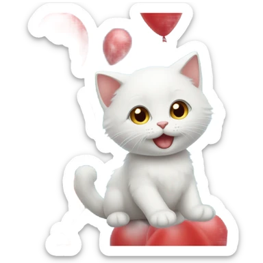 small white kitten and red balloons sticker