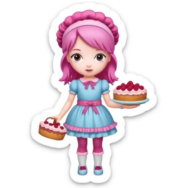 Isolated detaile illustration incredibly modern raspberry torte doll figurine full body with pink hair and a raspberry hairband sticker