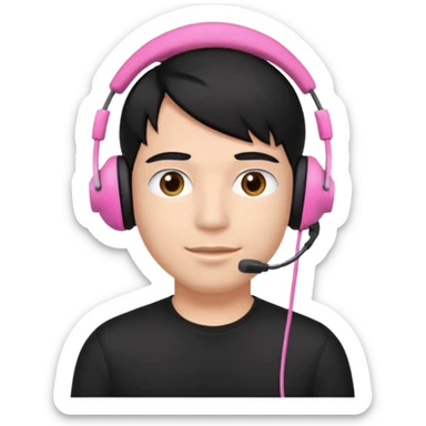 guy with black hair, black shirt and pink headset sticker