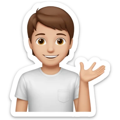 Boy with brown hair and white t-shirt sticker