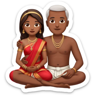an indian bride sitting on her fathers lap. father is wearing a dhoti, shirtless and sitting on a chai sticker