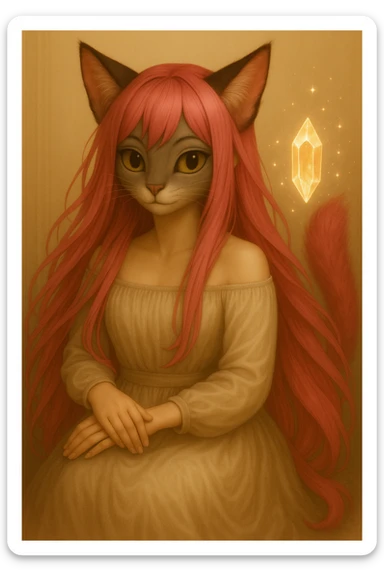 Include a magical accessory like a floating crystal or spellbook with the catgirl, maintaining the realistic anime look and pink hair. sticker