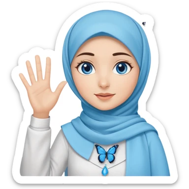 Turkish beautiful finish Konya girl blue eyes with light blue butterfly design hijab islamic dress and musically background and she wave one's hand sticker