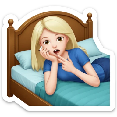 laying on the bed her feeds are visible and shes biting her nail becuase ahe saw something spici sticker