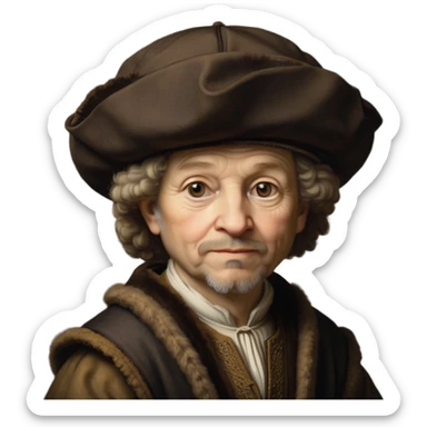 emoji of rembrandt,-shown-as-a-master-artist-with-deep,-introspective-eyes-and-richly-detailed-period-clothing,-rendered-with-dramatic-chiaroscuro-lighting-that-emphasizes-his-legacy brown puffy hat sticker