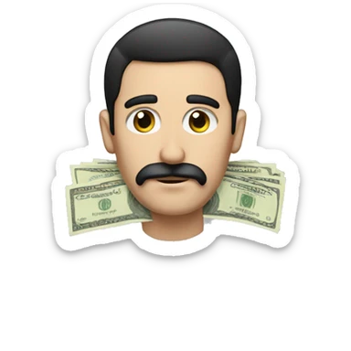 dark hair dark eye man with short mustache holding money sticker