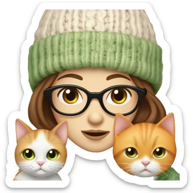 Woman with thin brown hair and a hat with glasses and brown eyes pale skin wearing a scarf and a sweater, holding an orange and white cat with green eyes sticker