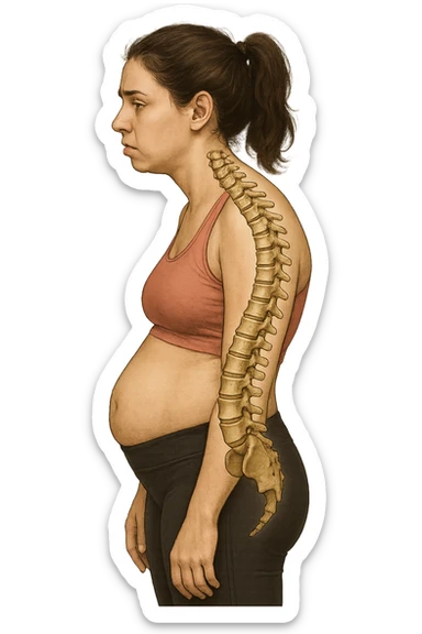 DONNA GIOVANE FITNESS DI PROFILO CON LA POSTURA SBAGLIATA, SPINA DORSALE UMANA ANATOMICA REALISTICA IN EVIDENZA, LA PANCIA IN FUORI E LE SPALLE CHIUSE sticker