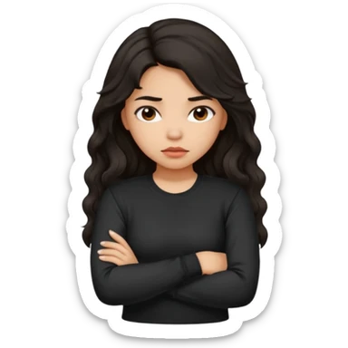 Hispanic girl with dark long wavy hair crossing her arms while pouting and wearing a black long sleeve shirt sticker
