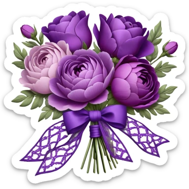 A vintage bouquet of lavender-hued peonies, deep violet roses, and soft lilac pansies, tied together with a silk ribbon in shades of plum and amethyst, rests beneath the glow of a crescent moon. Scattered around are tiny embroidered hearts on a delicate lace handkerchief, while the scent of dried lavender lingers in the cool evening air. sticker