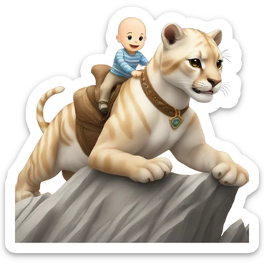 bald white baby riding on a striped mountain lion sticker