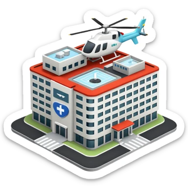 hospital isometric view building with heliport sticker