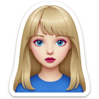Woman with long dark blond hair and bang, blue eyes, raspberry lip  emoji sticker