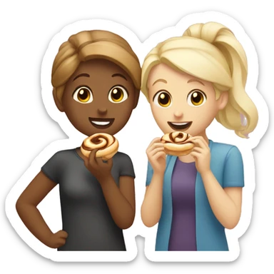 Two friends one blonde one brunette eating cinnamon roll sticker