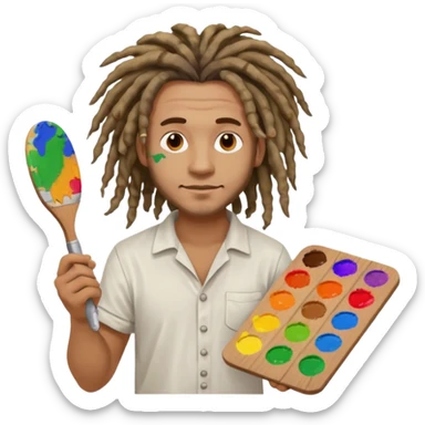 man artist with dreadlock, holding painter and color pallete sticker