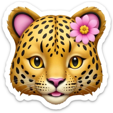 A leopard with mouth closed, A pink flower with a yellow center is tucked behind its right ear
 sticker