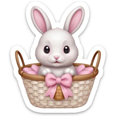 light pink bow on a beige white wooven basket. A bunny with its paws a bit out and sift white fur cute eyes sticker