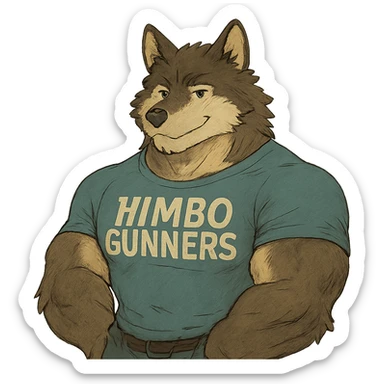 muscular wolf furry wearing a t-shirt that says 'Himbo gunners' sticker