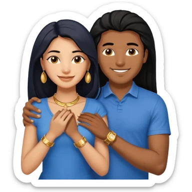 smiling embracing interracial couple from waist up. ebony woman with long hair and jewelry. brazillian man short hair wearing blue. sticker