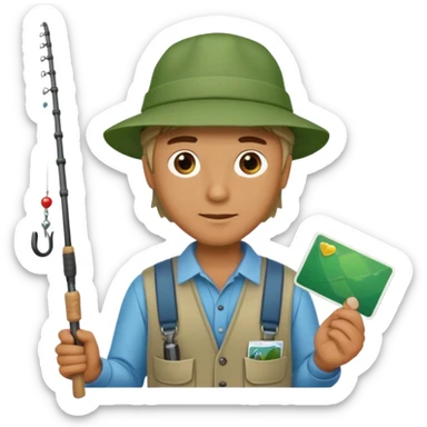 A man holding a fishing rod with a green card on the hook sticker