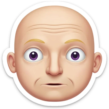 Steven Miller, bald, pronounced grimace, narrow rectangular head, bottom lip sticking out, eyelids almost closed and lower on the outside sticker