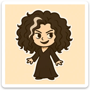 Add a highlighted white streak in the black, voluminous, messy, curly hair of Belatrix, keeping the chibi sticker style, wearing a long black dress, with a mischievous expression, and a light beige background. sticker