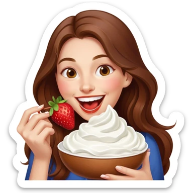 woman with long brown hair eating strawberries with  whipped cream, laughing elegant cute sticker