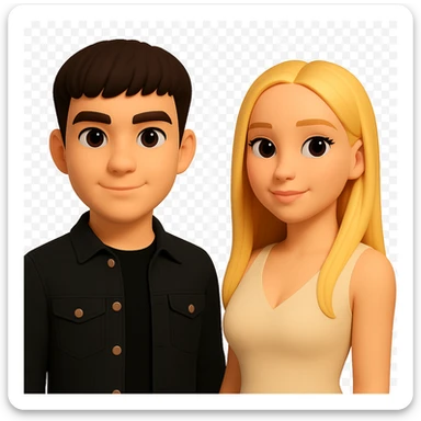 Slightly increase the volume of the upper body of the girl, separate the girl and the boy from each other, make the skin color the same for both characters. Maintain the cartoonish 3D style as in the reference image, with a transparent background. sticker